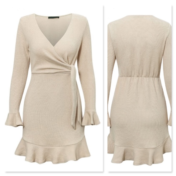 Rib-Knit Beige Ruffle Detail Waist Ties Mini Dress - Picture 6 of 8